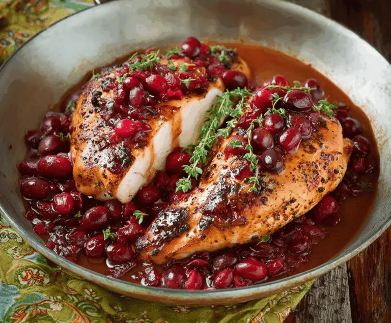 Juicy roasted turkey breast served with a vibrant cranberry orange sauce, garnished with fresh herbs for a festive holiday meal.