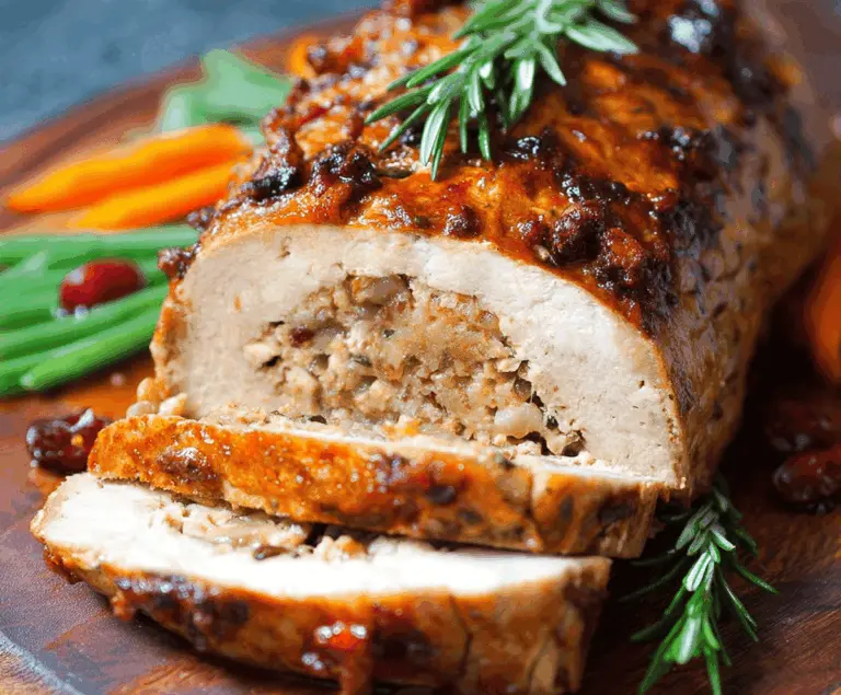 Delicious vegan turkey roast served with roasted vegetables on a festive dinner plate