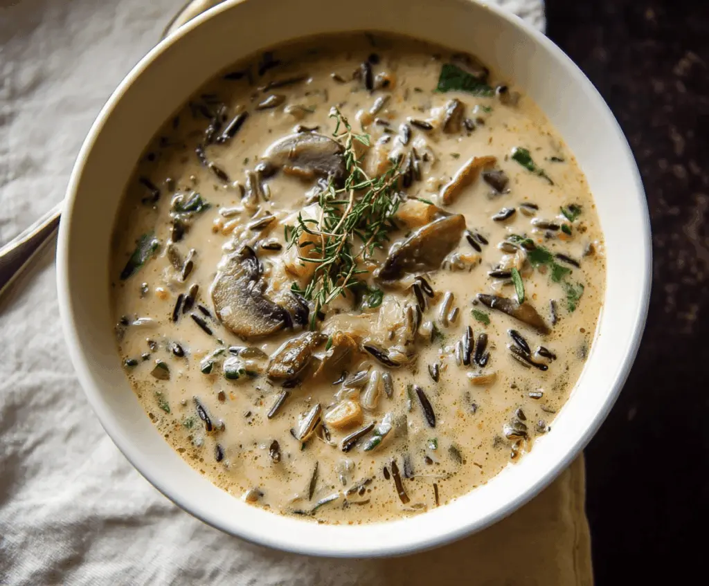 Creamy wild rice mushroom soup topped with fresh herbs and sliced mushrooms in a rustic bowl