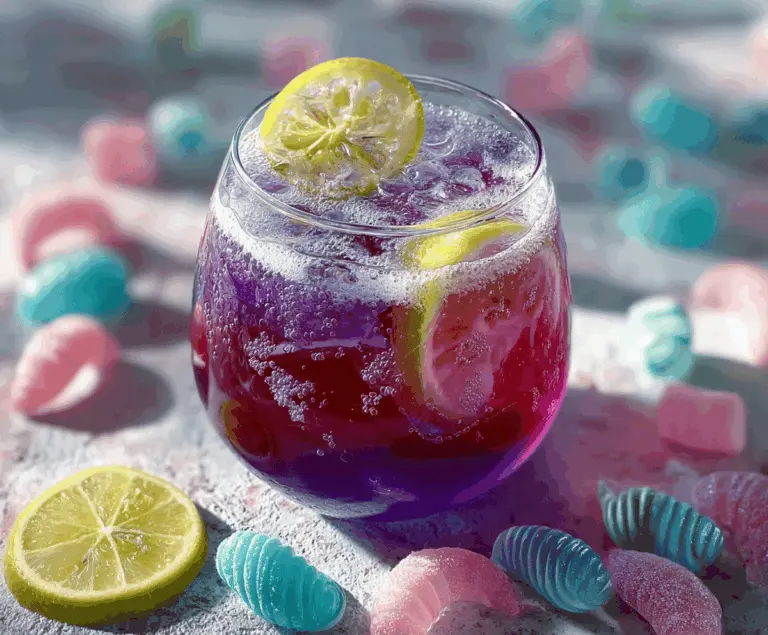 Colorful witch’s potion punch in a glass with gummy worms and fruit garnishes, perfect for Halloween parties