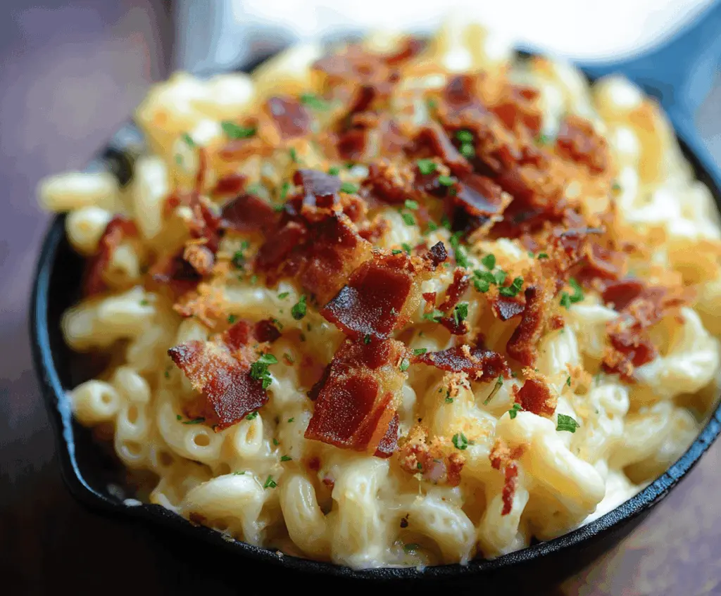 Creamy bacon mac and cheese served in a rustic bowl with crispy bacon bits on top