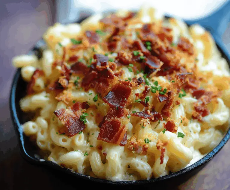 Creamy bacon mac and cheese served in a rustic bowl with crispy bacon bits on top