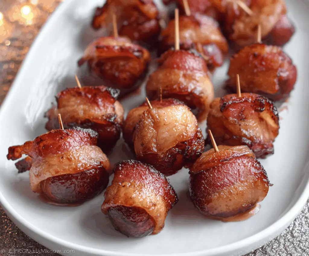 Delicious bacon-wrapped water chestnuts on a serving plate, perfect for appetizers.