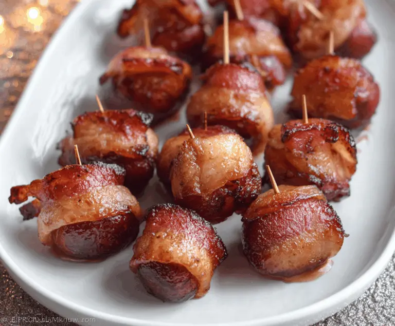 Delicious bacon-wrapped water chestnuts on a serving plate, perfect for appetizers.