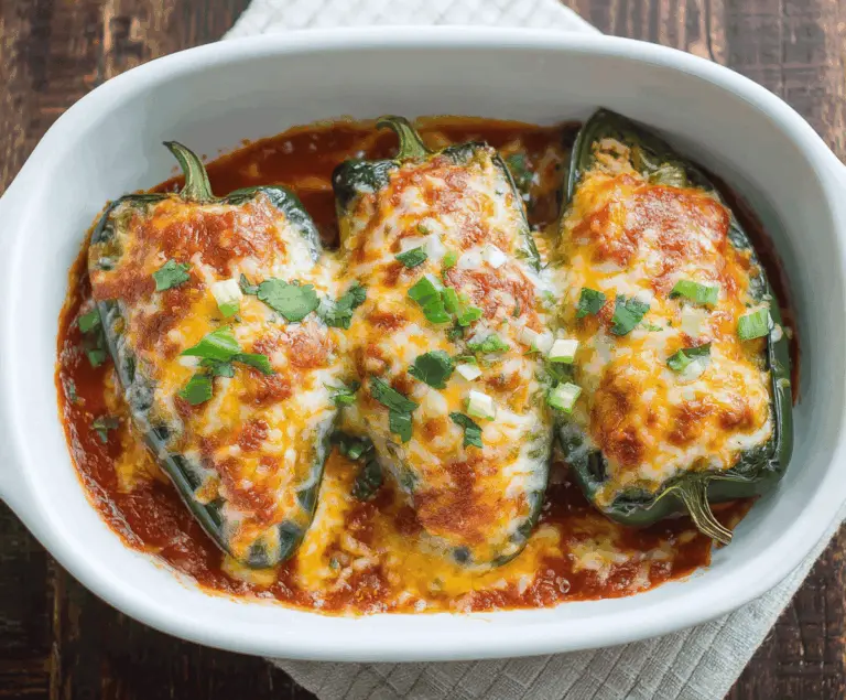 Delicious baked chicken chili relleno with melted cheese and fresh peppers on a plate.