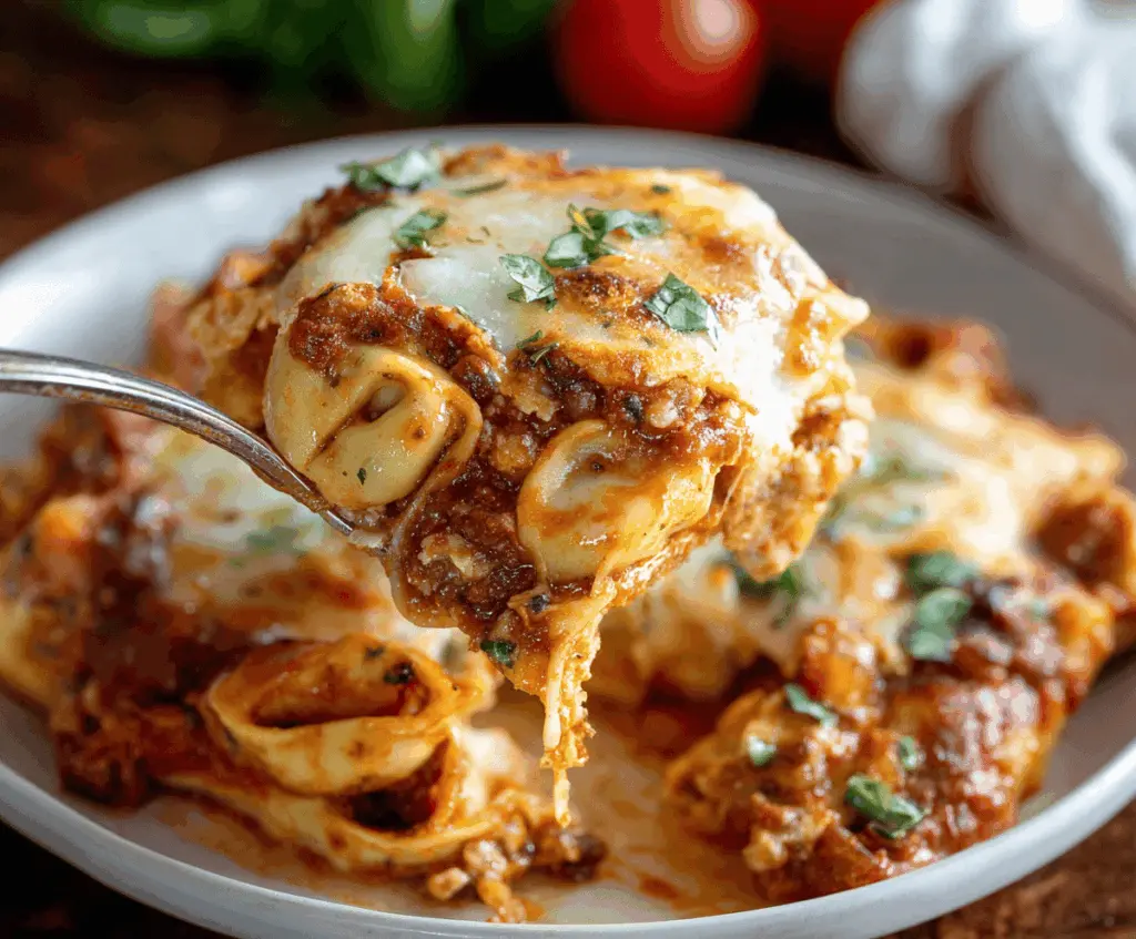 Delicious baked tortellini lasagna on a serving dish topped with melted cheese and fresh herbs.