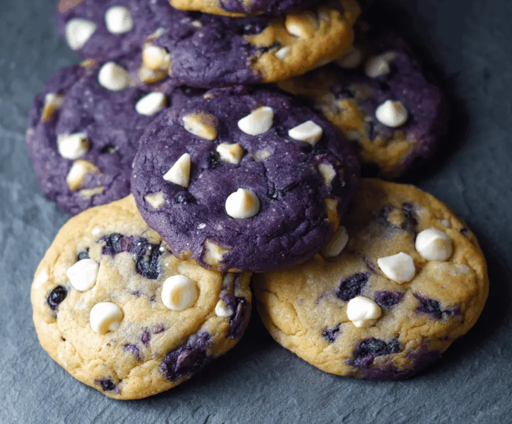 Delicious bakery-style blueberry white chocolate chip cookies on a plate, showcasing fresh blueberries and melted white chocolate.