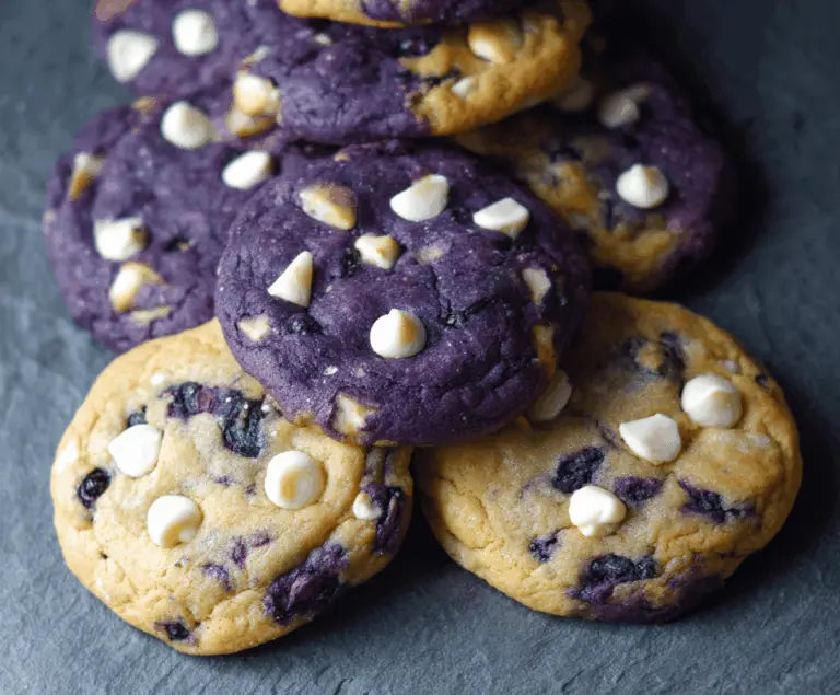 Delicious bakery-style blueberry white chocolate chip cookies on a plate, showcasing fresh blueberries and melted white chocolate.