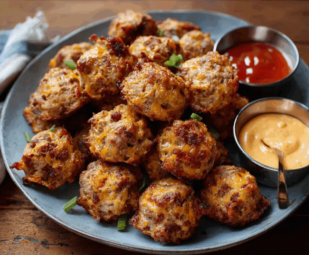 Delicious homemade Bisquick sausage balls served on a plate, perfect for breakfast or appetizers.