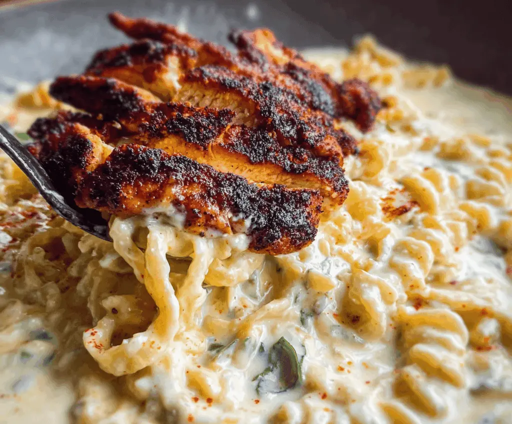 Creamy Cajun Chicken Alfredo dish featuring seasoned blackened chicken slices over pasta with a rich Alfredo sauce.