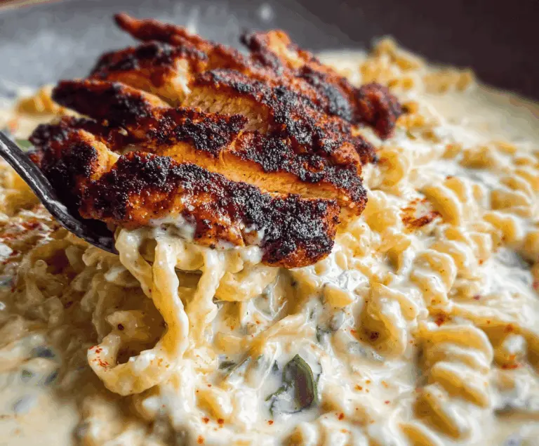 Creamy Cajun Chicken Alfredo dish featuring seasoned blackened chicken slices over pasta with a rich Alfredo sauce.