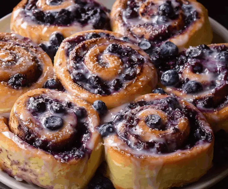 Delicious blueberry cinnamon rolls fresh out of the oven with a sweet glaze.