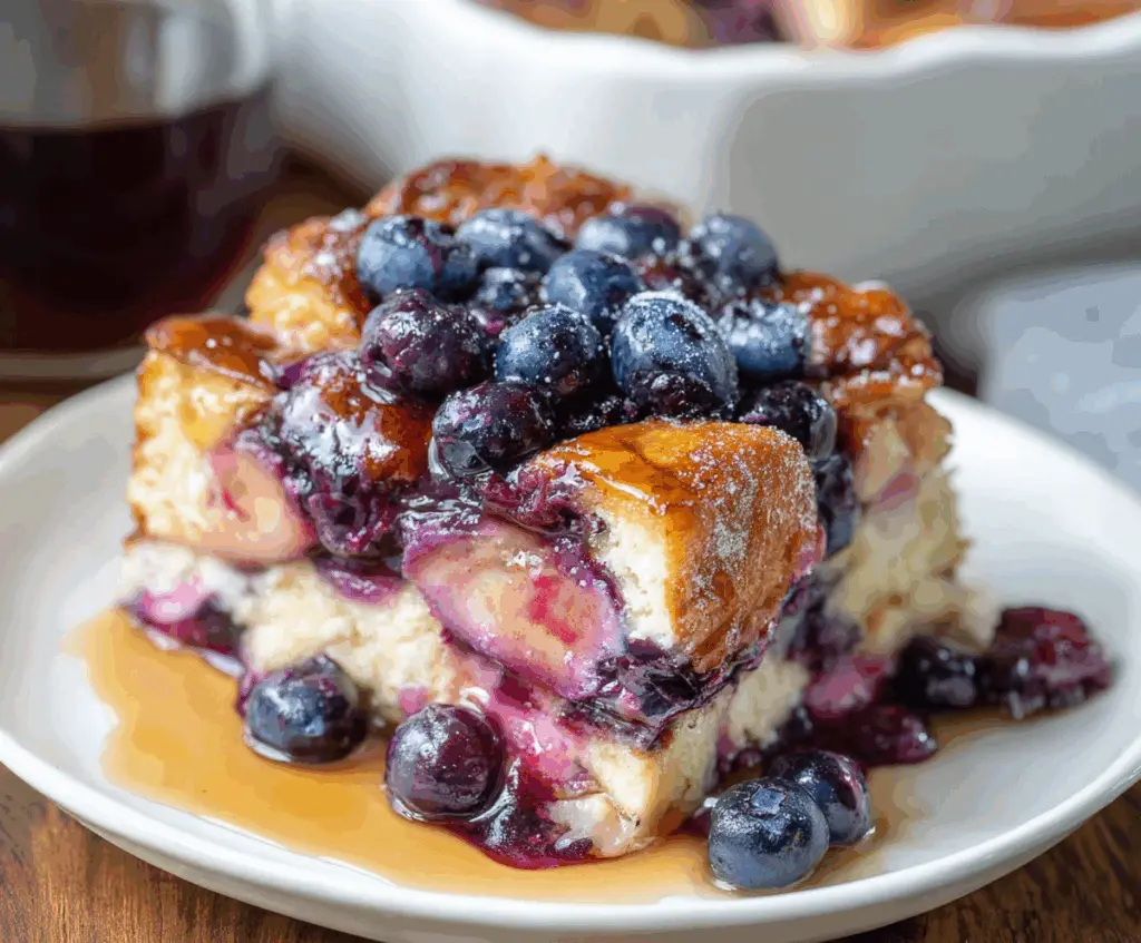 Delicious blueberry French toast casserole topped with fresh blueberries and powdered sugar, perfect for breakfast or brunch.