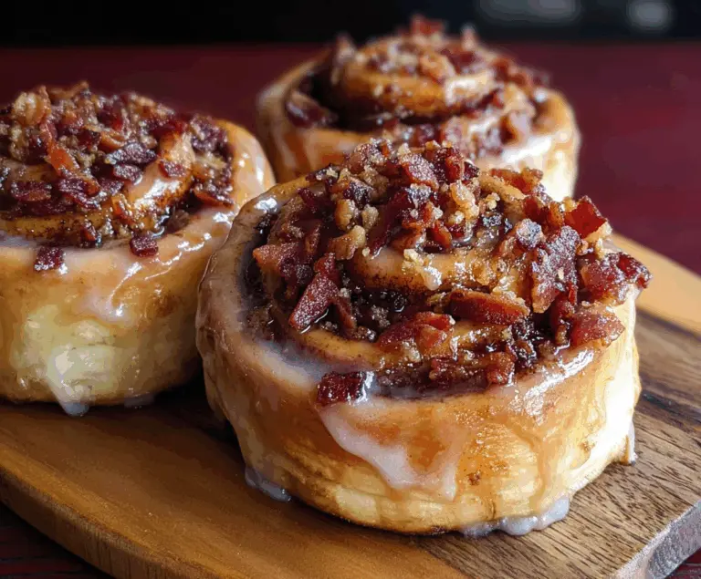Delicious Bourbon Maple Bacon Cinnamon Rolls topped with icing on a plate, showcasing a sweet and savory breakfast treat.