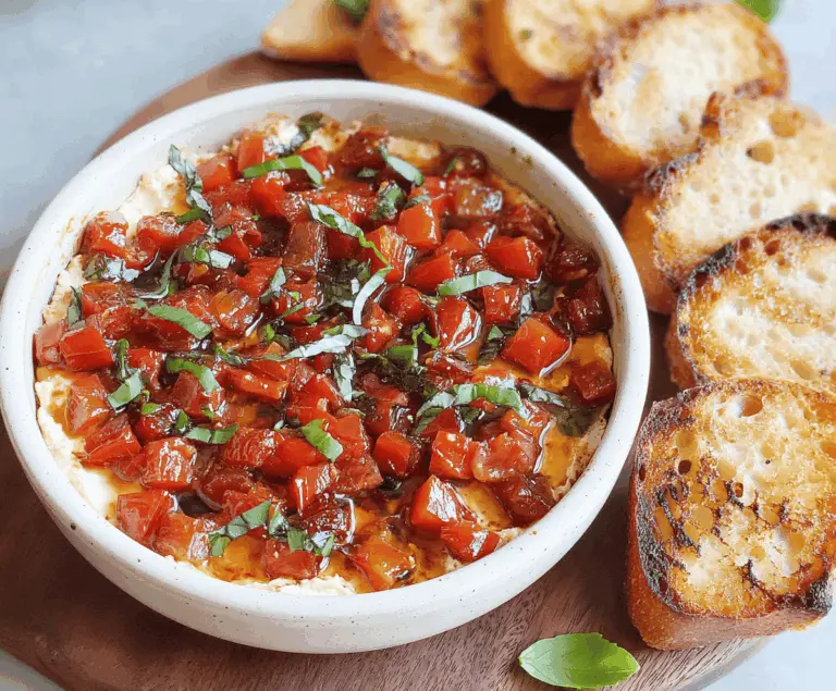 Creamy bruschetta dip with fresh tomatoes and basil served with baguette slices.