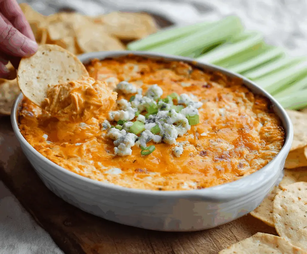 Creamy Buffalo Chicken Dip served with celery sticks and tortilla chips, perfect for parties and game day snacks.