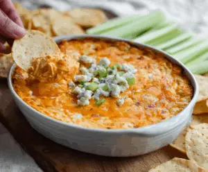 Creamy Buffalo Chicken Dip served with celery sticks and tortilla chips, perfect for parties and game day snacks.