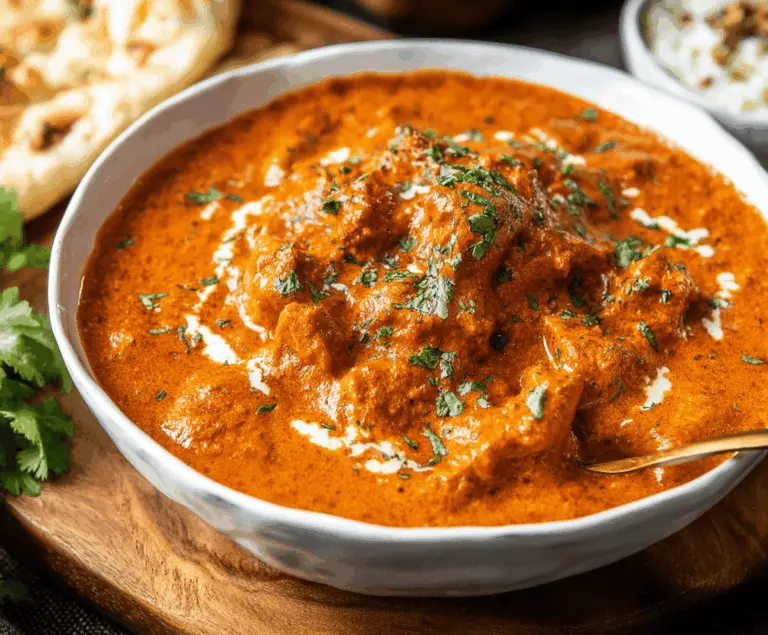 Creamy butter chicken curry served with rice, garnished with fresh coriander.