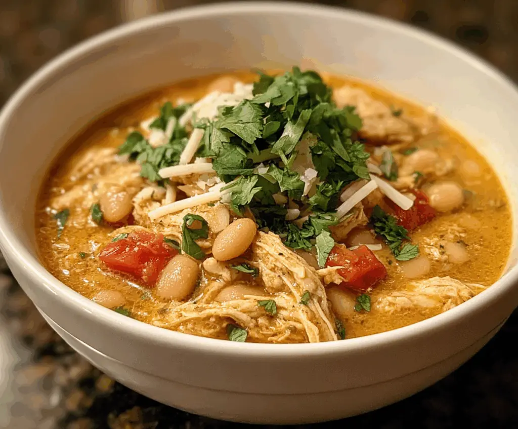 Delicious Cajun White Chicken Chili in a bowl with herbs and spices displayed elegantly.