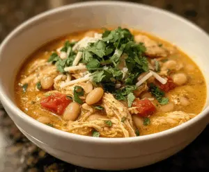 Delicious Cajun White Chicken Chili in a bowl with herbs and spices displayed elegantly.