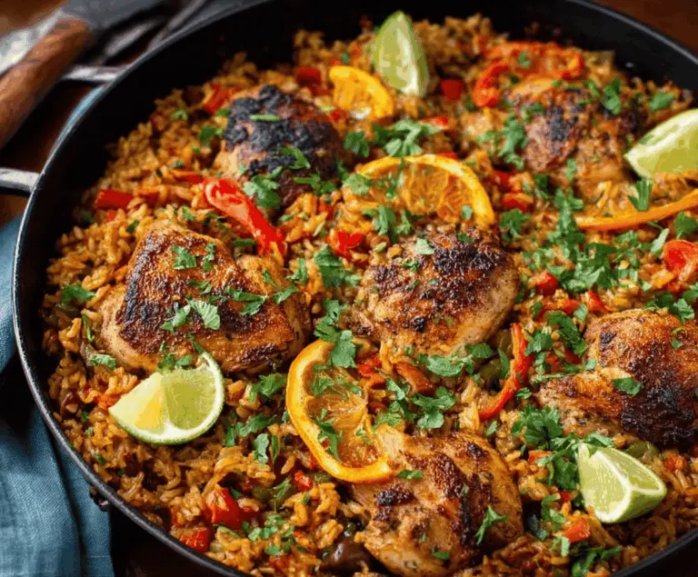 Delicious Caribbean chicken and rice dish with vibrant spices and colorful vegetables.