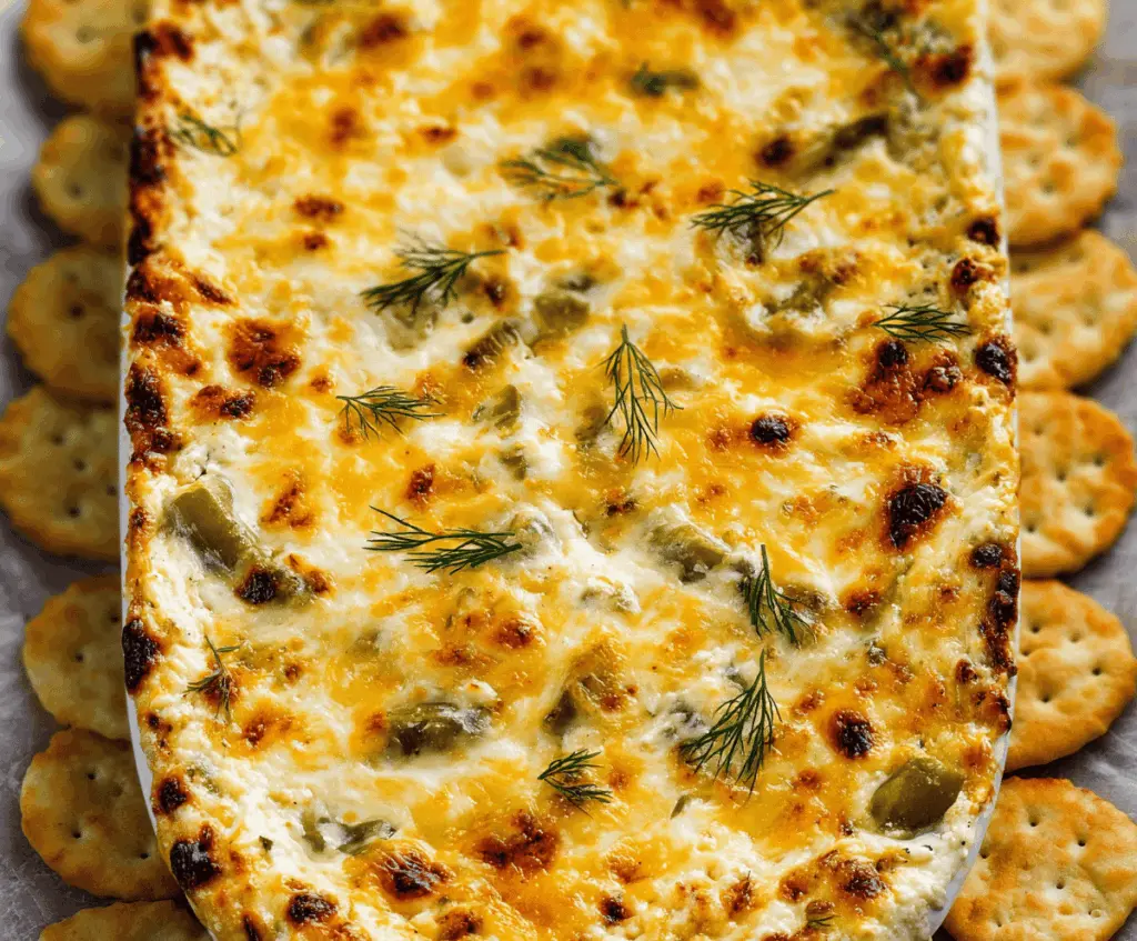 Delicious cheesy baked pickle dip served in a bowl with fresh herbs, perfect as a party appetizer.