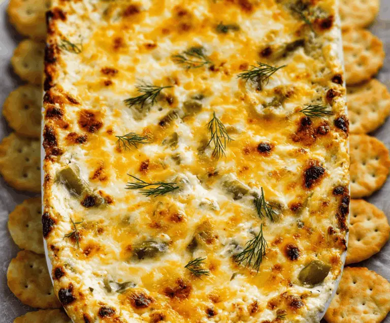 Delicious cheesy baked pickle dip served in a bowl with fresh herbs, perfect as a party appetizer.