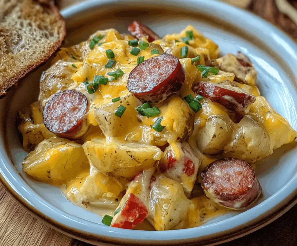 Delicious cheesy ranch potatoes with smoked sausage served on a plate.