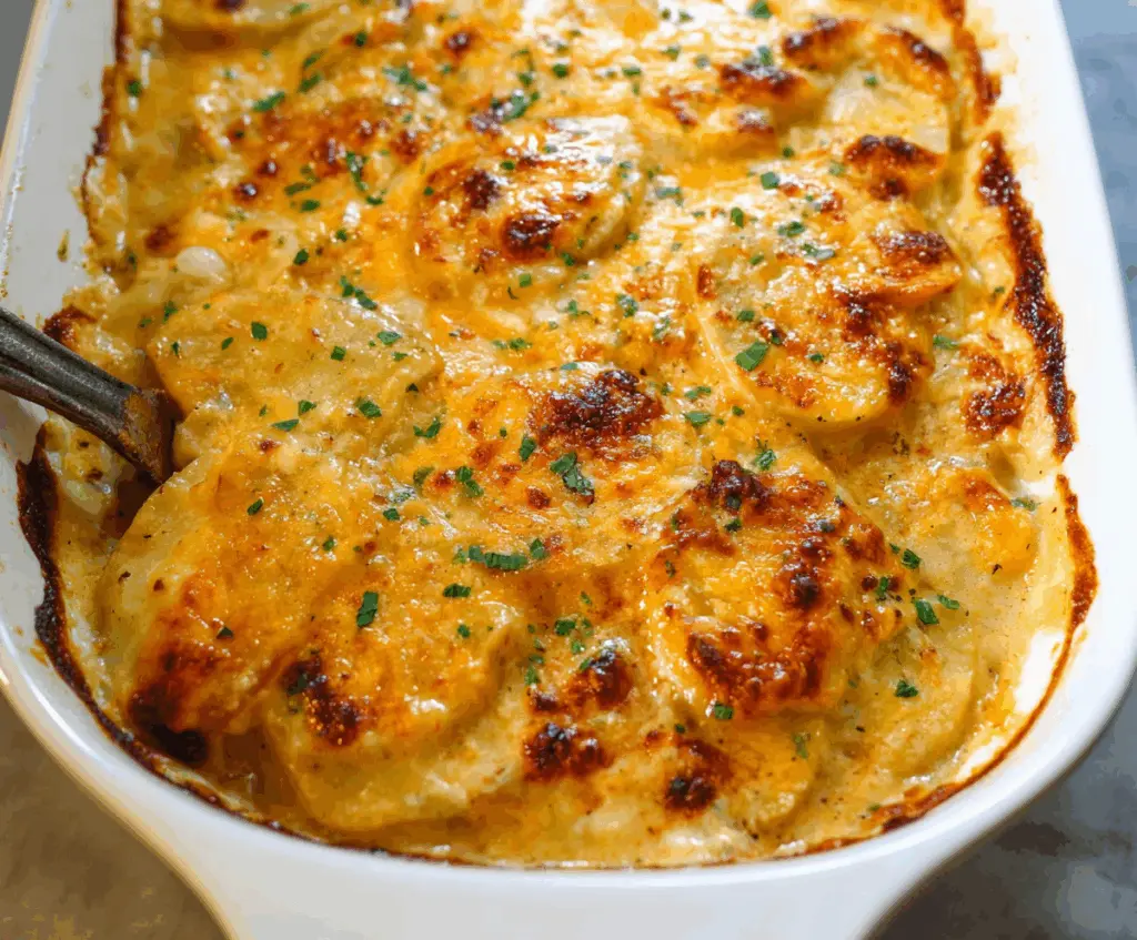 Creamy Cheesy Scalloped Potatoes baked to perfection with golden top and melted cheese.