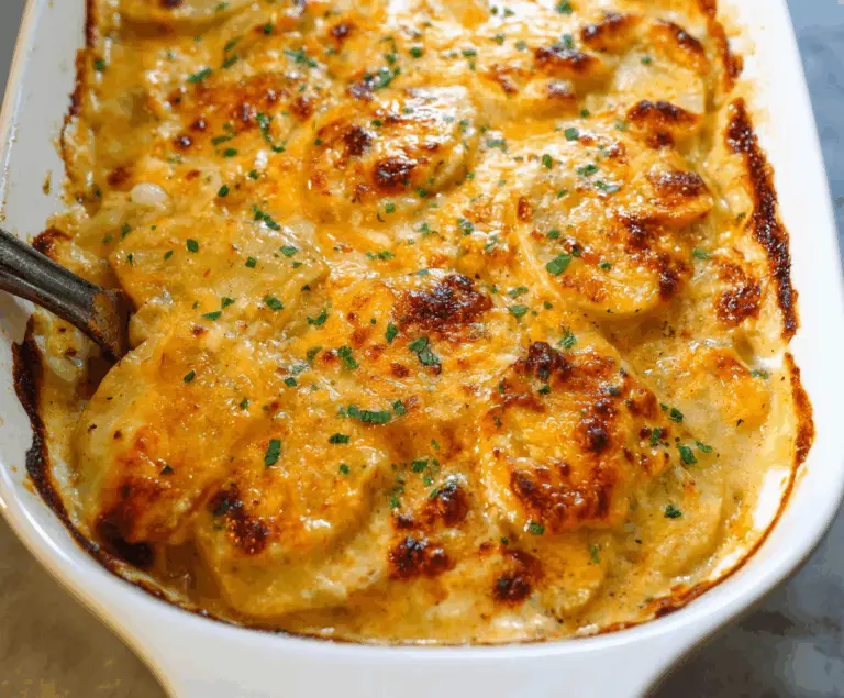 Creamy Cheesy Scalloped Potatoes baked to perfection with golden top and melted cheese.