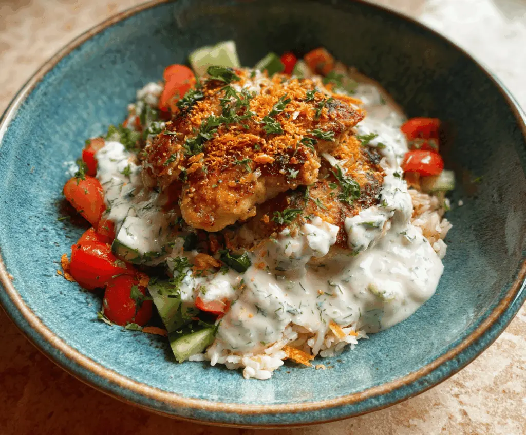 Delicious chicken and rice bowls topped with creamy garlic sauce on a white plate.