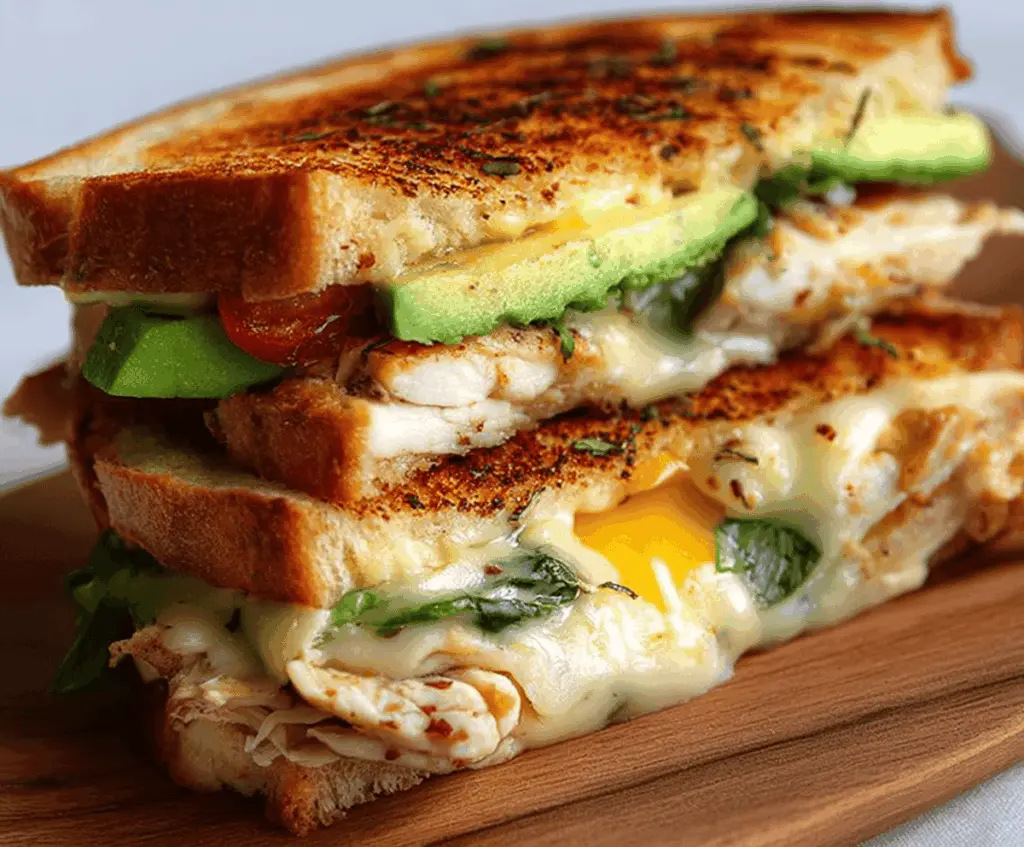 Delicious Chicken Avocado Melt Sandwich with melted cheese and fresh avocado on toasted bread.