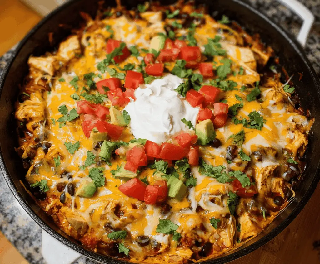 Delicious Chicken Black Bean Enchilada Skillet with melted cheese and fresh herbs.