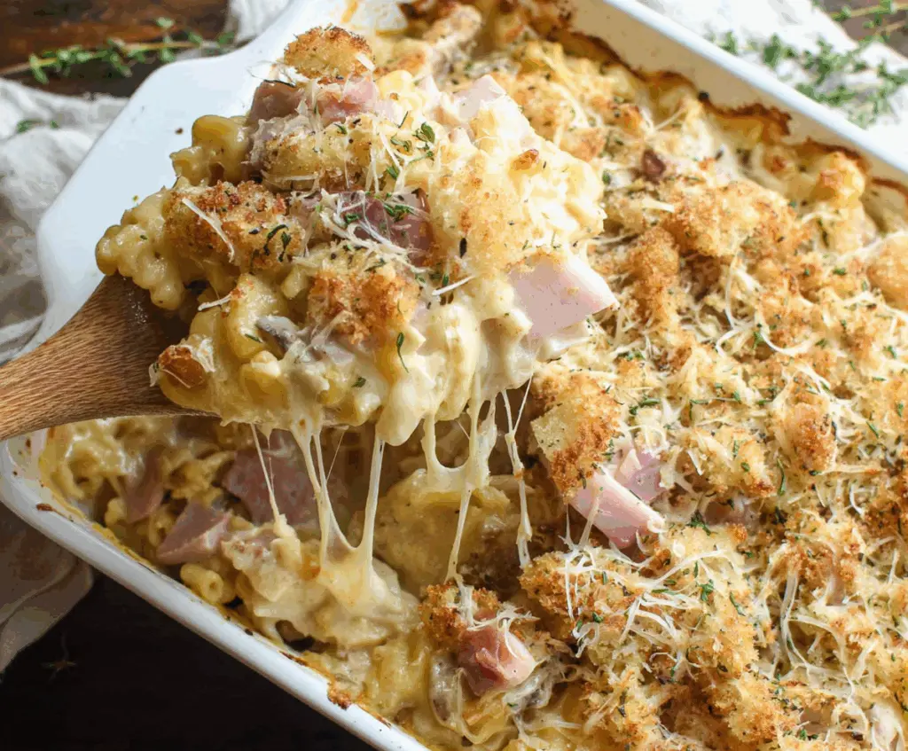Delicious Chicken Cordon Bleu Casserole with crispy breaded chicken, ham, and melted cheese on top.