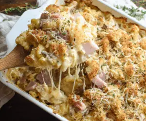 Delicious Chicken Cordon Bleu Casserole with crispy breaded chicken, ham, and melted cheese on top.