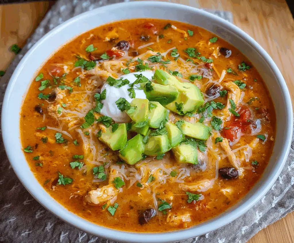 Delicious chicken enchilada soup in a bowl with melted cheese and fresh cilantro garnish.