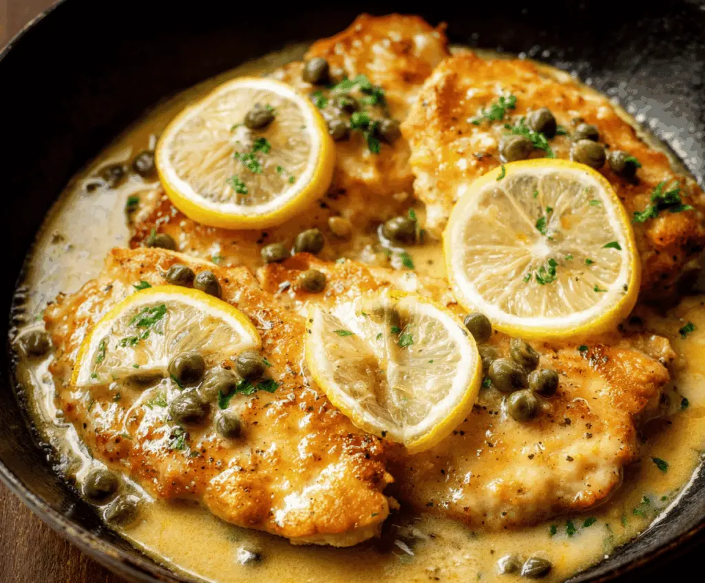 Delicious chicken piccata with lemon sauce garnished with fresh herbs on a white plate.
