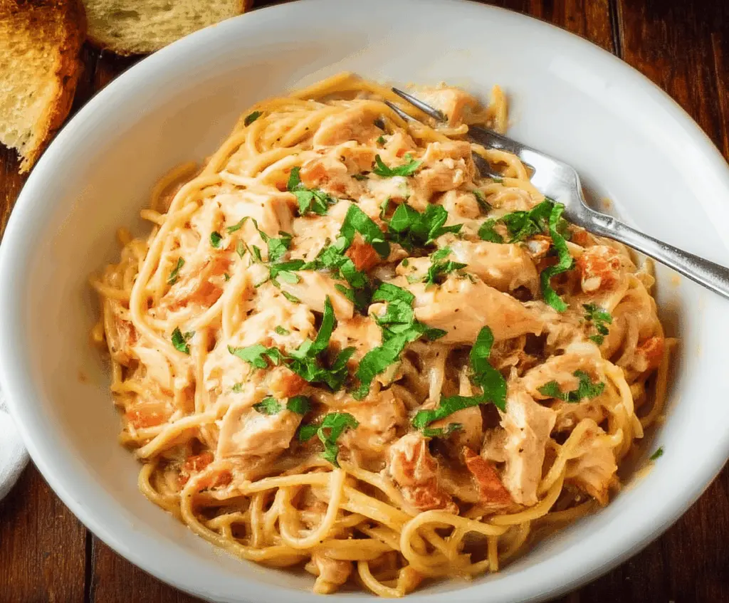 Delicious chicken spaghetti dish with melted cheese and flavorful pasta, perfect for a family dinner.