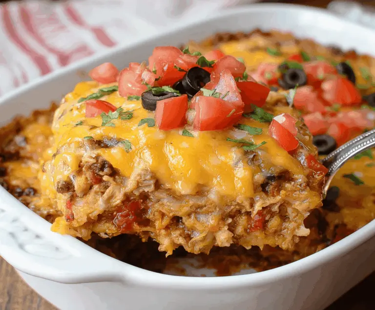 Delicious Chicken Taco Casserole topped with melted cheese and fresh herbs