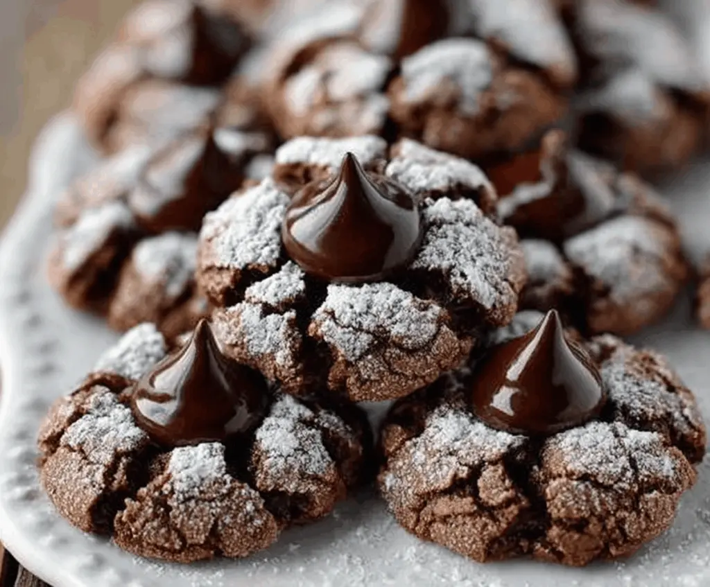 Delicious Chocolate Blossom Cookies with a gooey chocolate center and festive holiday decoration.