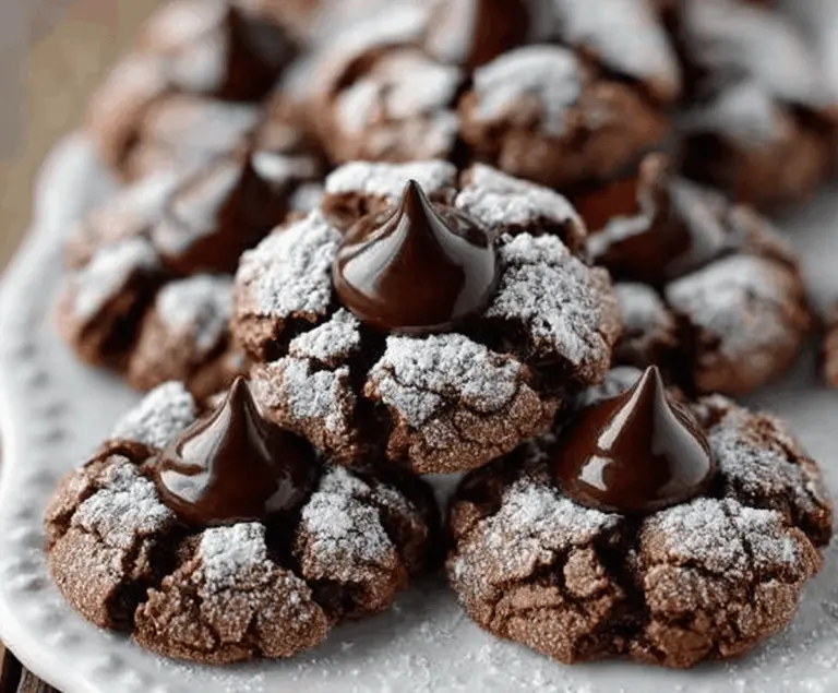 Delicious Chocolate Blossom Cookies with a gooey chocolate center and festive holiday decoration.