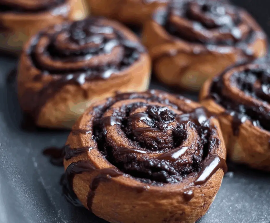 Delicious chocolate cinnamon rolls with glossy icing and a swirl of rich chocolate and warm cinnamon filling.
