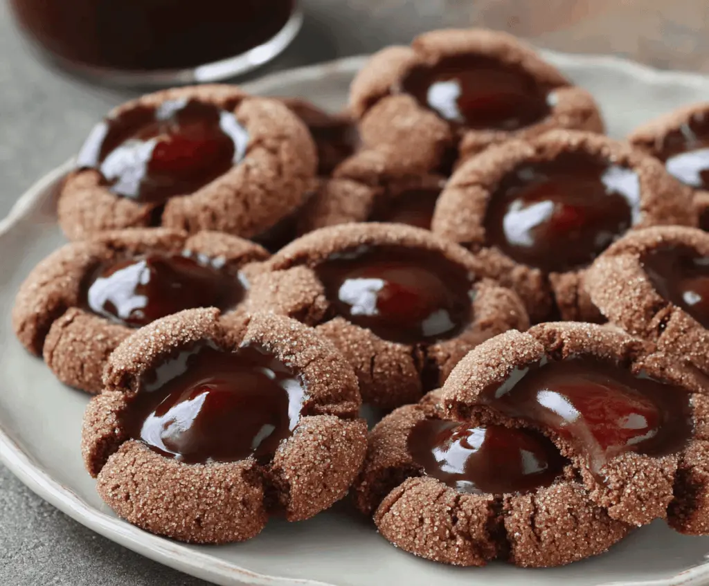 Delicious chocolate thumbprint cookies with a rich filling, perfect for dessert lovers.