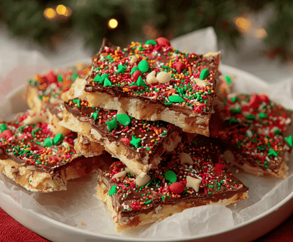 Baking Christmas Crack with layers of caramel, chocolate, and pecans for a festive holiday treat.