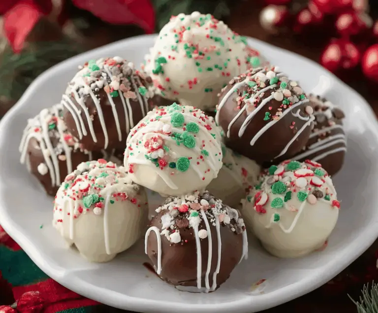 Festive Christmas Oreo Balls decorated with red and green sprinkles for holiday celebration.