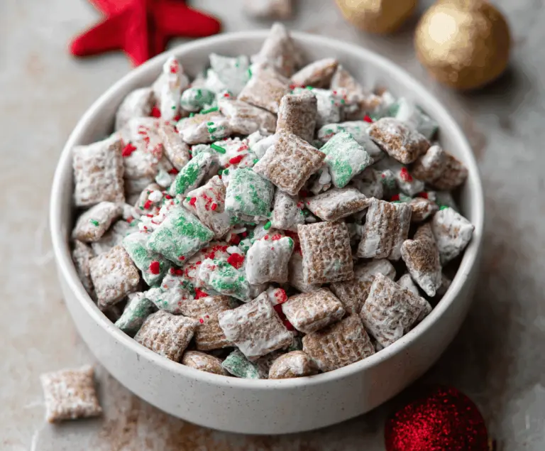 Delicious Christmas Puppy Chow with festive red and green coated cereal treats