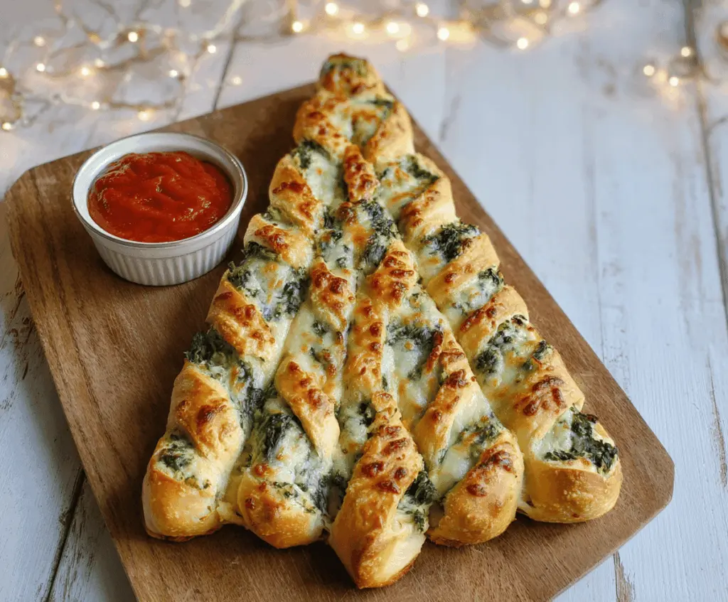 Christmas Tree Spinach Dip Breadsticks garnished with herbs and served as a festive appetizer.