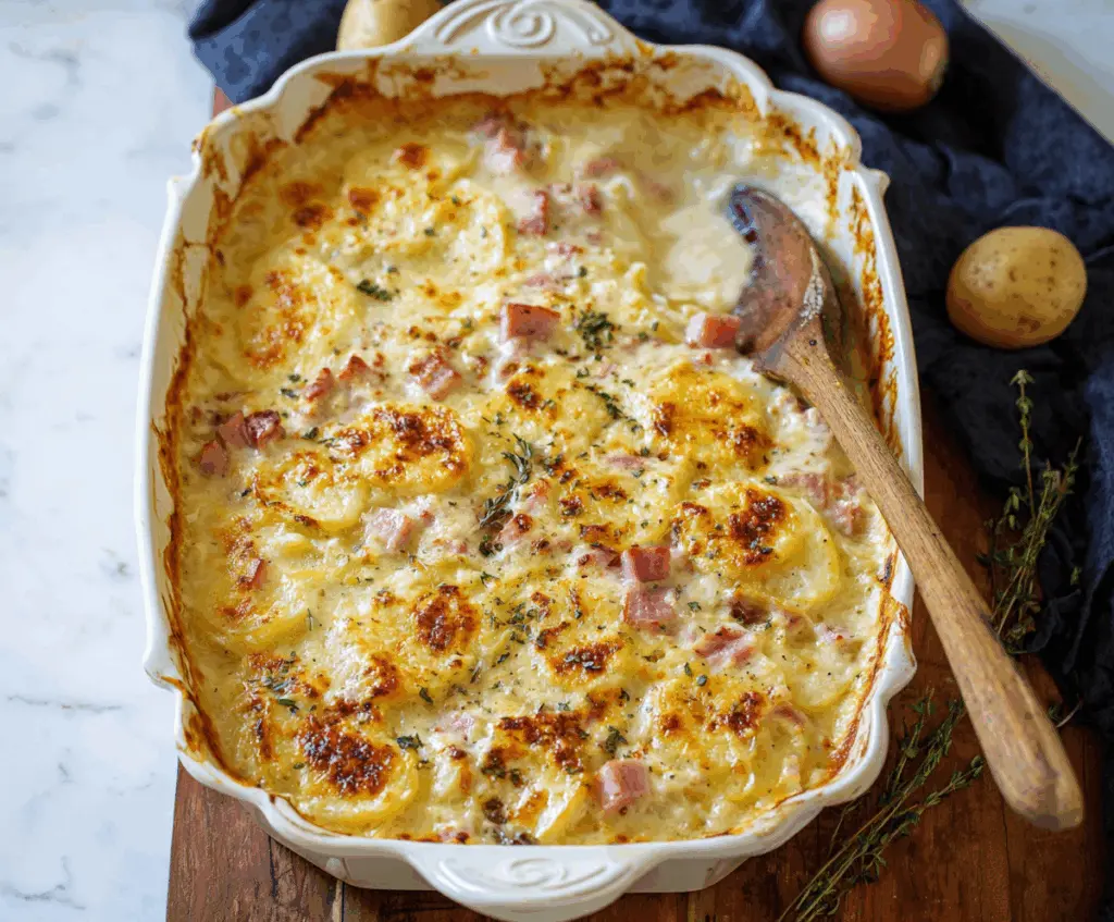 Delicious classic scalloped potatoes with ham, served in a rustic dish, perfect for family dinners.