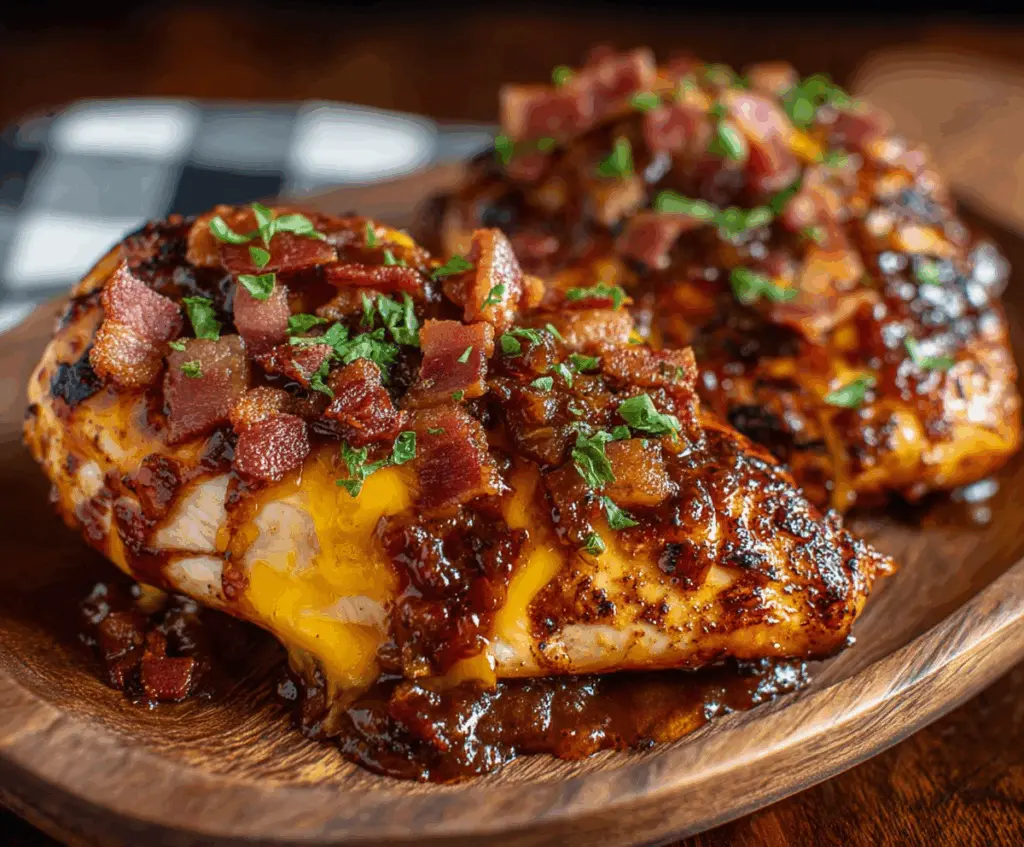 Delicious Cowboy BBQ Bacon Cheddar Chicken served on a white plate with smoky barbecue sauce and melted cheese