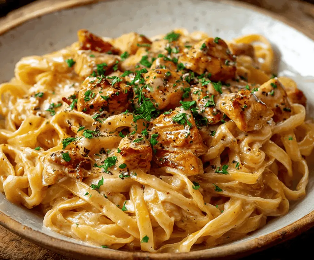 Creamy Cowboy Butter Chicken Linguine with herbs and spices on a plate.